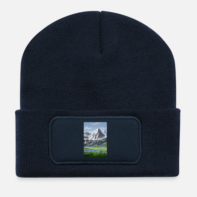 Montagnes alpines et vallée paisible - Beanie recyclé à patch - bleu marine