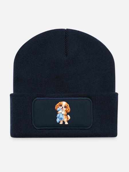 Kawaii-Hund mit seiner Decke - Recycelte Patch Beanie - French Navy