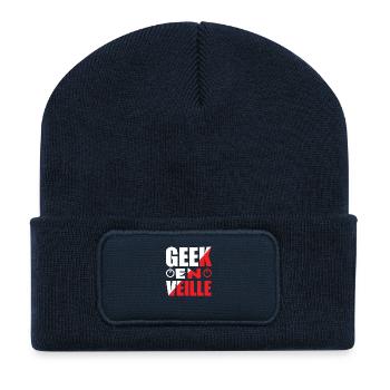 "Geek en veille" - Beanie recyclé à patch - bleu marine - Devant