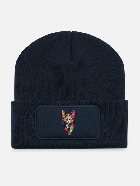 colorful cat face - Recycled Patch Beanie - french navy