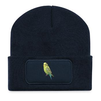 Illustration virale de perruche - Beanie recyclé à patch - bleu marine - Devant