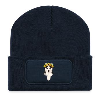 Husky mit Sonnenblumenkranz - Recycelte Patch Beanie - French Navy - Vorne
