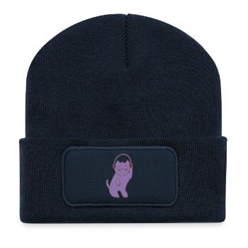 Lila Katzen mit Kopfhörer - Recycelte Patch Beanie - French Navy - Vorne