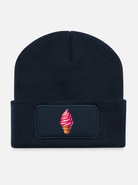 Zuckerstangen Eis-Motiv in einem süßen Eisbecher - Recycelte Patch Beanie - French Navy