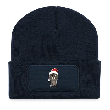 Putzige Winter Katze mit Santa Mütze - Recycelte Patch Beanie - French Navy - Vorne