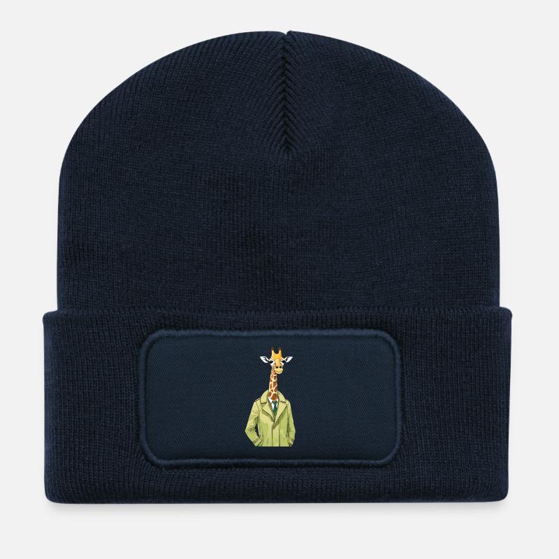 Girafe élégante en trench-coat - Beanie recyclé à patch - bleu marine