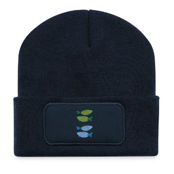 Fischmuster in zarten Farbverläufen - Recycelte Patch Beanie - French Navy - Vorne