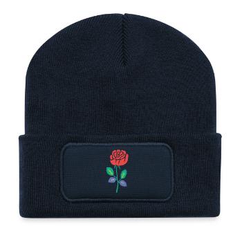 Rote Rose mit Teal-Stiel - Recycelte Patch Beanie - French Navy - Vorne