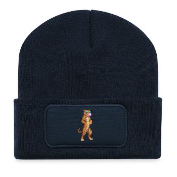 Cooler Leopard Mit Sonnenbrille Und Kaugummi - Recycelte Patch Beanie - French Navy - Vorne