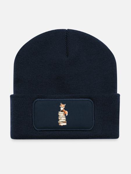 Renard sur pile de livres - Beanie recyclé à patch - bleu marine