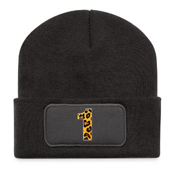 Imprimé léopard jaune-orangé - Beanie recyclé à patch - charbon - Devant