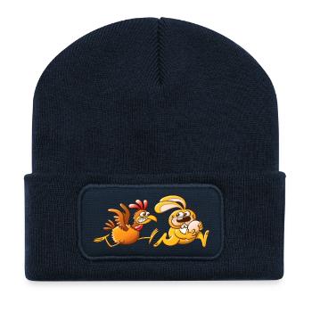 Easter Bunny Stealing an Egg from a Furious Hen - Recycled Patch Beanie - french navy - Front