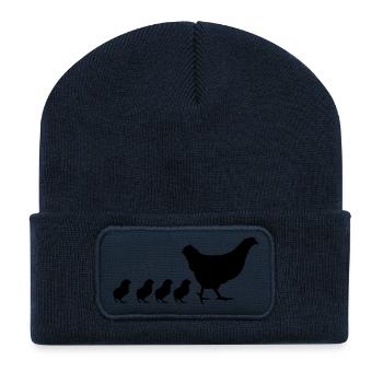 Mama Henne mit 4 süßen Küken - Recycelte Patch Beanie - French Navy - Vorne