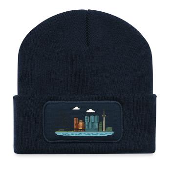 Rotterdam Stadtsilhouette mit Brücke und Tower - Recycelte Patch Beanie - French Navy - Vorne