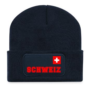 SCHWEIZ Trikot Look - mit Fahne Flagge auf Brust - Recycelte Patch Beanie - French Navy - Vorne