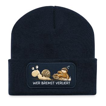 Wer bremst verliert Faultier Schnecke Tierhumor - Recycelte Patch Beanie - French Navy - Vorne