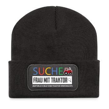 Suche Frau mit Traktor Lustig - Recycelte Patch Beanie - Dunkelgrau - Vorne