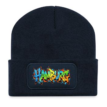 Graffiti-Stil Hamburg Stadtmotiv - Recycelte Patch Beanie - French Navy - Vorne