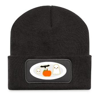 Halloween Keksteller mit Kürbis Geist Totenschädel - Recycelte Patch Beanie - Dunkelgrau - Vorne