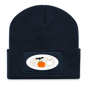 Assiette à biscuits d’Halloween avec crâne fantôme de citrouille - Beanie recyclé à patch - bleu marine - Devant