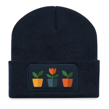 Eine Tulpe und andere Pflanzen im Blumentopf - Recycelte Patch Beanie - French Navy - Vorne