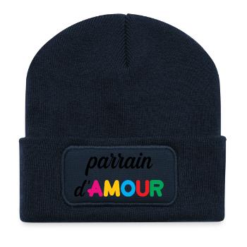 Parrain d’amour – coeur famille humour cadeau  - Beanie recyclé à patch - bleu marine - Devant