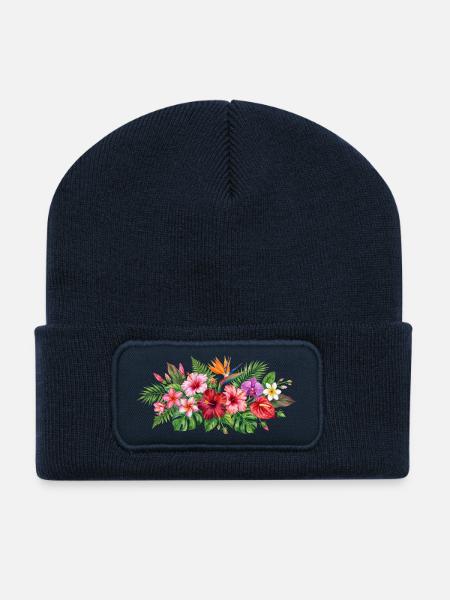 Tropische Blütenpracht Muster - Recycelte Patch Beanie - French Navy