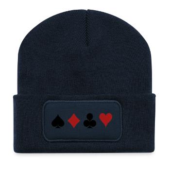 Pik, Karo, Kreuz, Herz Kartensymbole. Geschenkidee - Recycelte Patch Beanie - French Navy - Vorne