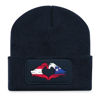 Austria Slovenia Flag Hands Heart Shape Used - Recycled Patch Beanie - french navy - Front