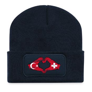 Turquie Suisse Drapeau Mains Coeur Forme Utilisé - Beanie recyclé à patch - bleu marine - Devant