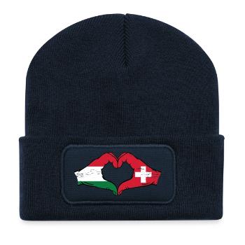 Hongrie Suisse Drapeau Mains Coeur Forme Utilisé - Beanie recyclé à patch - bleu marine - Devant