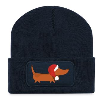 Teckel avec chapeau de Noël - Beanie recyclé à patch - bleu marine - Devant