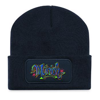 Graffiti Wortkunst in Neonfarben Munich - Recycelte Patch Beanie - French Navy - Vorne