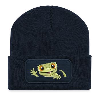 Spähender lustiger Willkommensgecko - Recycelte Patch Beanie - French Navy - Vorne
