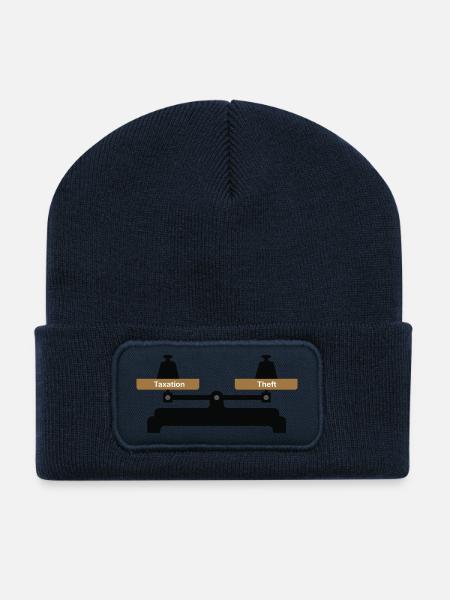 Balance de la réalité : impôts vs. vol - Beanie recyclé à patch - bleu marine