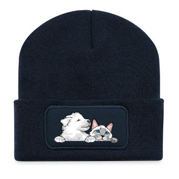 Peeking_Swiss_Shepherd_puppy_and_Siamese_cat - Recycelte Patch Beanie - French Navy - Vorne