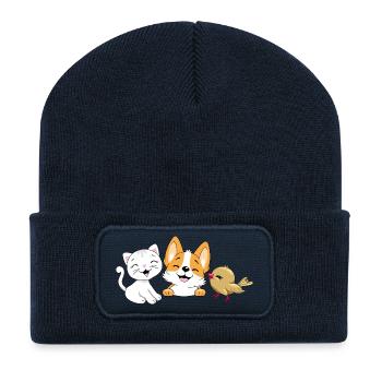 Smiling_white_kitten-_Corgi_puppy_and_birdie - Recycled Patch Beanie - french navy - Front