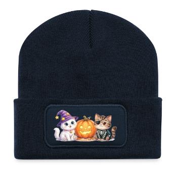 Süße Halloween Katzen mit Kürbis – Smilla & Fiete - Recycelte Patch Beanie - French Navy - Vorne