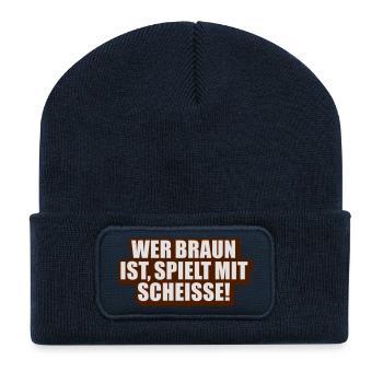 Qui est brun, jouer avec la merde - Beanie recyclé à patch - bleu marine - Devant