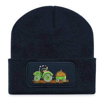 Tracteur à traction porcine avec ferme à remorques - Beanie recyclé à patch - bleu marine - Devant