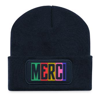 MERCI. THANKS. ANNIVERSAIRE. NAISSANCE. RETRAITE. - Beanie recyclé à patch - bleu marine - Devant