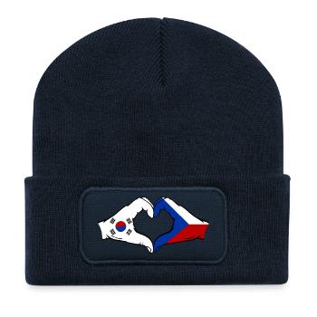 Corée du Sud République tchèque drapeau mains forme coeur - Beanie recyclé à patch - bleu marine - Devant