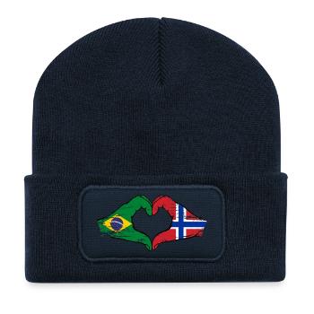 Brésil Norvège drapeau mains forme de coeur utilisé - Beanie recyclé à patch - bleu marine - Devant
