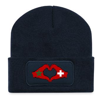 Maroc Suisse Drapeau Mains Coeur - Beanie recyclé à patch - bleu marine - Devant