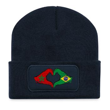 Maroc Brésil Drapeau Mains Coeur Forme Utilisé - Beanie recyclé à patch - bleu marine - Devant