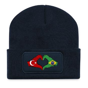 Turquie Brésil Drapeau Mains Coeur Forme Utilisé - Beanie recyclé à patch - bleu marine - Devant