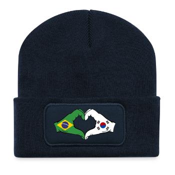 Brazil South Korea Hands Heart Shape - Recycled Patch Beanie - french navy - Front