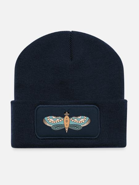 Floral Moth Mandala - Recycled Patch Beanie - french navy