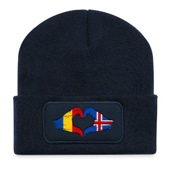 Drapeau de la Roumanie et de l'Islande en forme de cœur - Beanie recyclé à patch - bleu marine - Devant