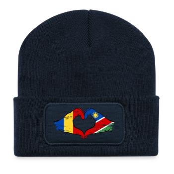 Drapeau de la Roumanie et de la Namibie, mains en forme de cœur, utilisé - Beanie recyclé à patch - bleu marine - Devant